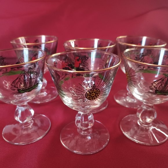 Midcentury Vintage Set of 6 Libbey Treasure Island Motif Pedestal Glasses - Picture 7 of 12